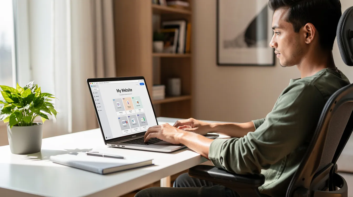 A person is setting up a website on a laptop in a bright home office, surrounded by modern decor and natural light. They are likely exploring various web hosting services and shared hosting plans to create their online store.