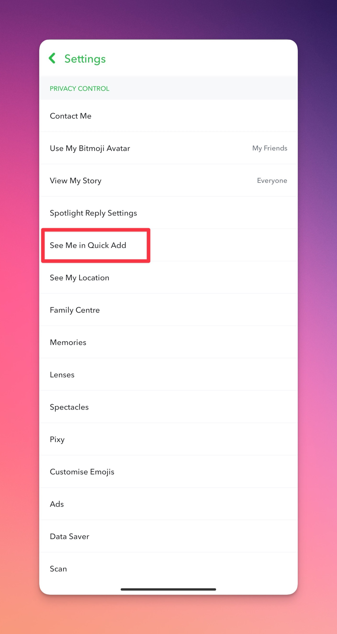 Remote.tools showing the privacy feature of "Show me in quick add" on Snapchat. If turned off, your profile will not be visible under Quick Add list for other users.