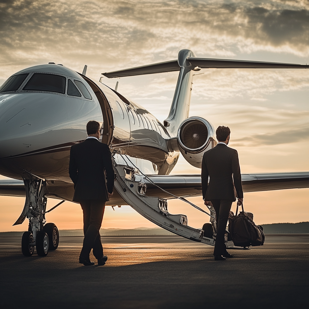 Business and leisure travelers choosing between private jets and commercial airlines.