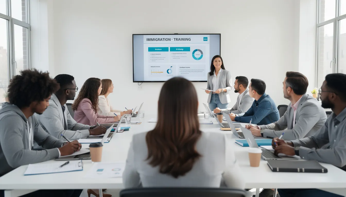Dans une salle de classe, des étudiants suivent une formation sur l'immigration et la citoyenneté, apprenant des procédures et des conseils pour devenir consultants en immigration. Ils sont attentifs aux enseignements sur les compétences nécessaires pour aider les immigrants dans leur démarche au Canada.