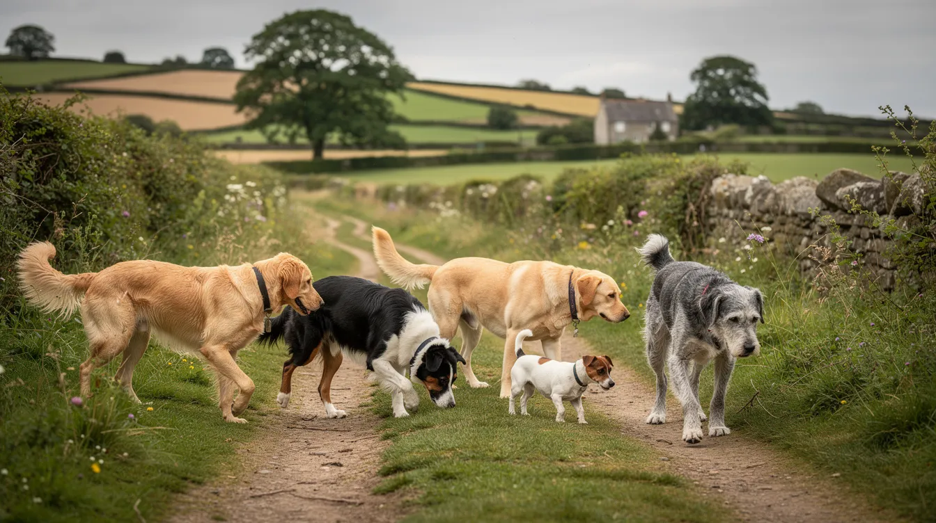 A diverse group of dogs, including young and older breeds, strolls together along a scenic country path in the UK countryside. Their joyful walk highlights the importance of maintaining joint health and mobility, especially for older dogs who may benefit from joint supplements to support their joint structure and reduce discomfort.