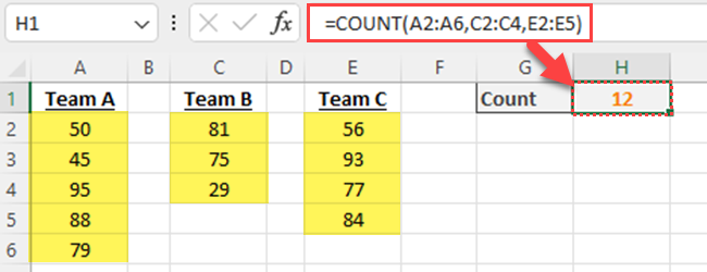COUNT function in Excel - Multiple ranges