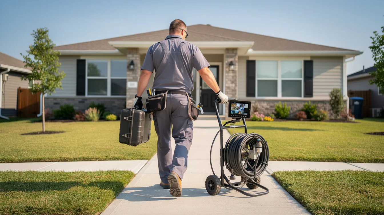 A professional plumber is walking towards a residential house, carrying sewer inspection camera equipment designed for video pipe inspection. This advanced technology allows for accurate diagnoses of plumbing issues, helping to identify potential problems within the sewer system without unnecessary digging.