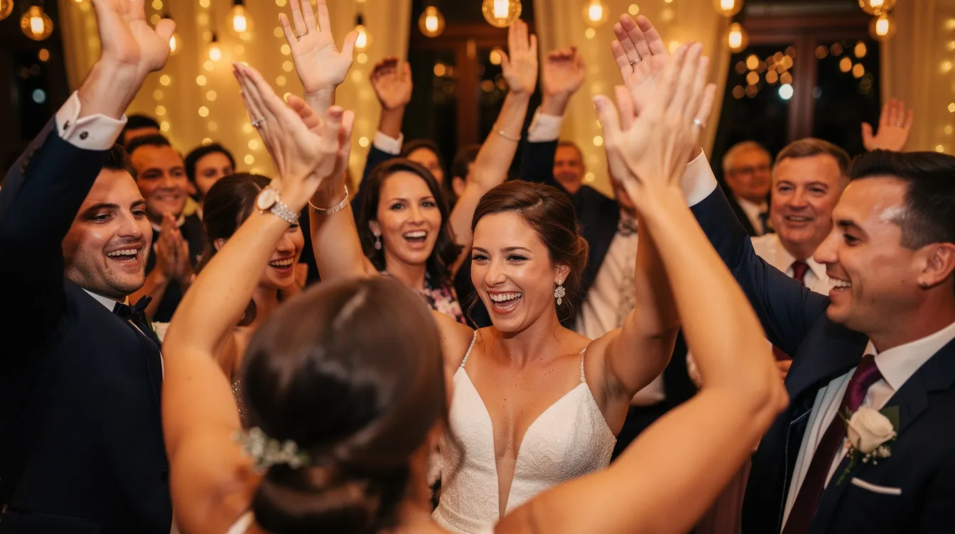 A close-up captures joyful wedding guests dancing on the dance floor with their hands in the air, illuminated by warm lighting, creating a vibrant atmosphere filled with wedding music and party songs. The lively scene reflects the excitement of the wedding reception as guests celebrate and express their happiness.