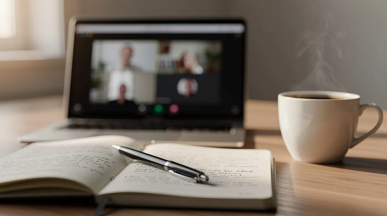 A notebook, laptop, and coffee cup are arranged on a desk, setting the stage for a mentoring call where young people can seek guidance and advice from potential mentors. This scene reflects the importance of building a mentorship relationship that fosters mutual respect and encourages personal and career growth.