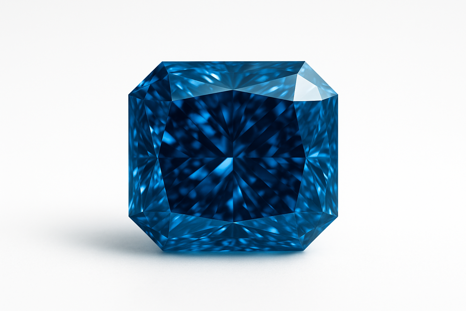 Mėlynas radiant formos deimantas ant balto fono – gilios vandenyno mėlynos spalvos, išraiškingas ir harmoningas brangakmenis