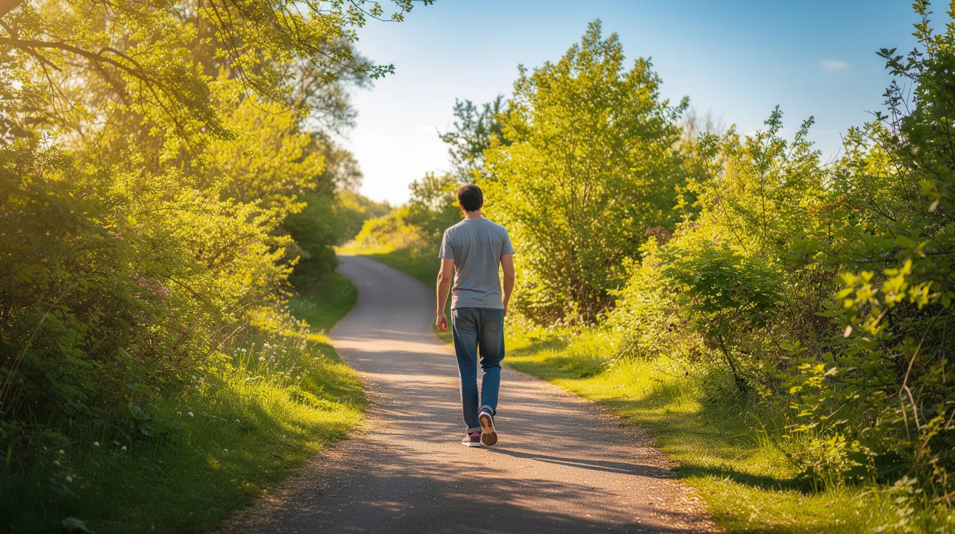 A person walks along a sunny path surrounded by greenery, symbolizing recovery and independence in their journey towards improved mental health. This image reflects the positive impact of psychosocial treatment and coping skills in overcoming mental health disorders.