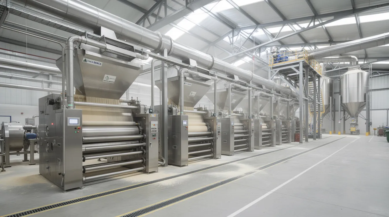 bf7f081d 3862 4ac0 9efc 5ebbbc2c460e The image shows the interior of an automatic wheat flour mill plant, featuring multiple grinding units and conveyors designed for efficient processing of wheat into finely ground flour. This setup ensures consistent flour quality and high production capacity, utilizing advanced technology for smooth operation and minimal manual intervention.