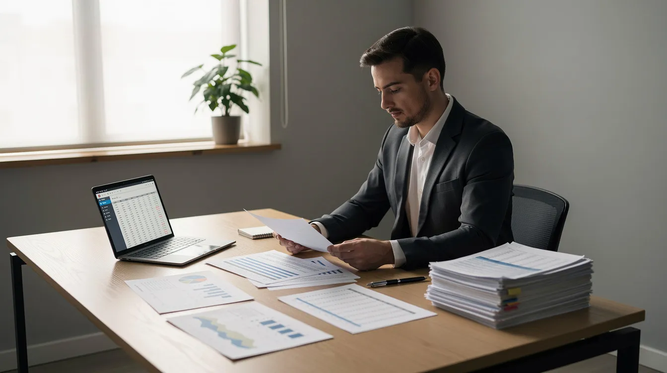 The image depicts a serene office environment where an individual is seated at a desk, meticulously reviewing financial documents. The scene suggests a focus on important details related to loans, possibly including terms like "貸款 額" and "低 息 貸款," reflecting the financial responsibilities of 公務員 及 專業人士.
