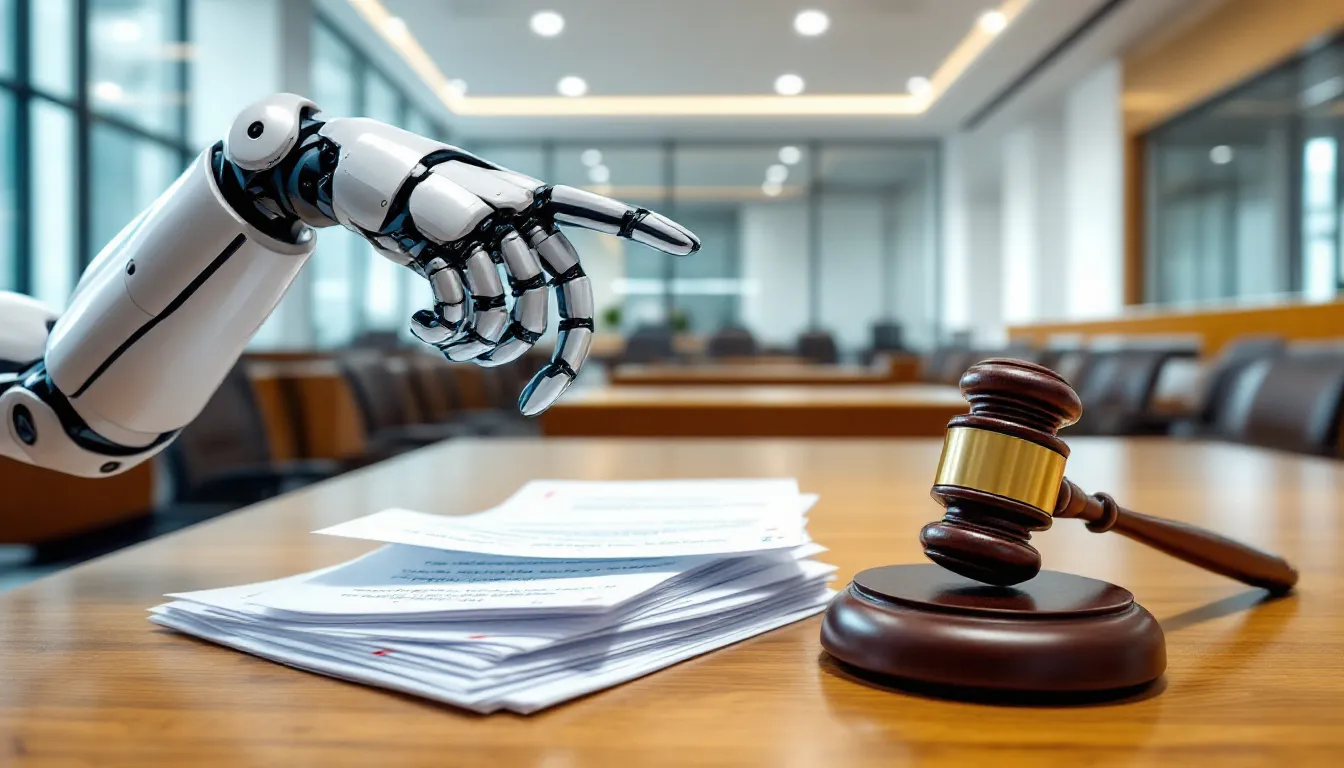Een robotachtige hand wijst naar juridische documenten, terwijl een rechterhamer ernaast ligt. Dit beeld roept vragen op over de aansprakelijkheid van kunstmatige intelligentie en de impact van nieuwe technologieÃ«n op het juridisch kader.