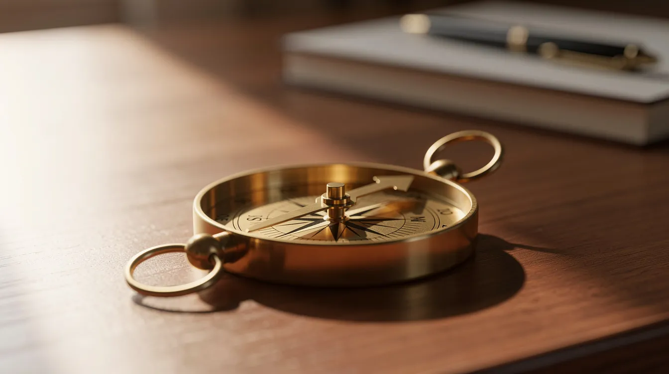 Une boussole posée sur un bureau en bois symbolise la direction et le calme nécessaires dans la prise de décision. Cet objet évoque l'influence d'un leader capable d'orienter son équipe avec intégrité et confiance.