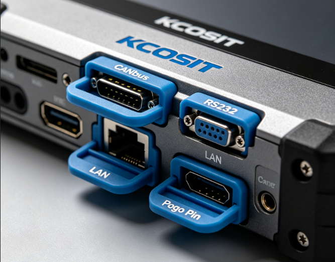 Close-up of industrial ports on a KCOSIT Linux tablet including RS232 and CANbus for machine integration.