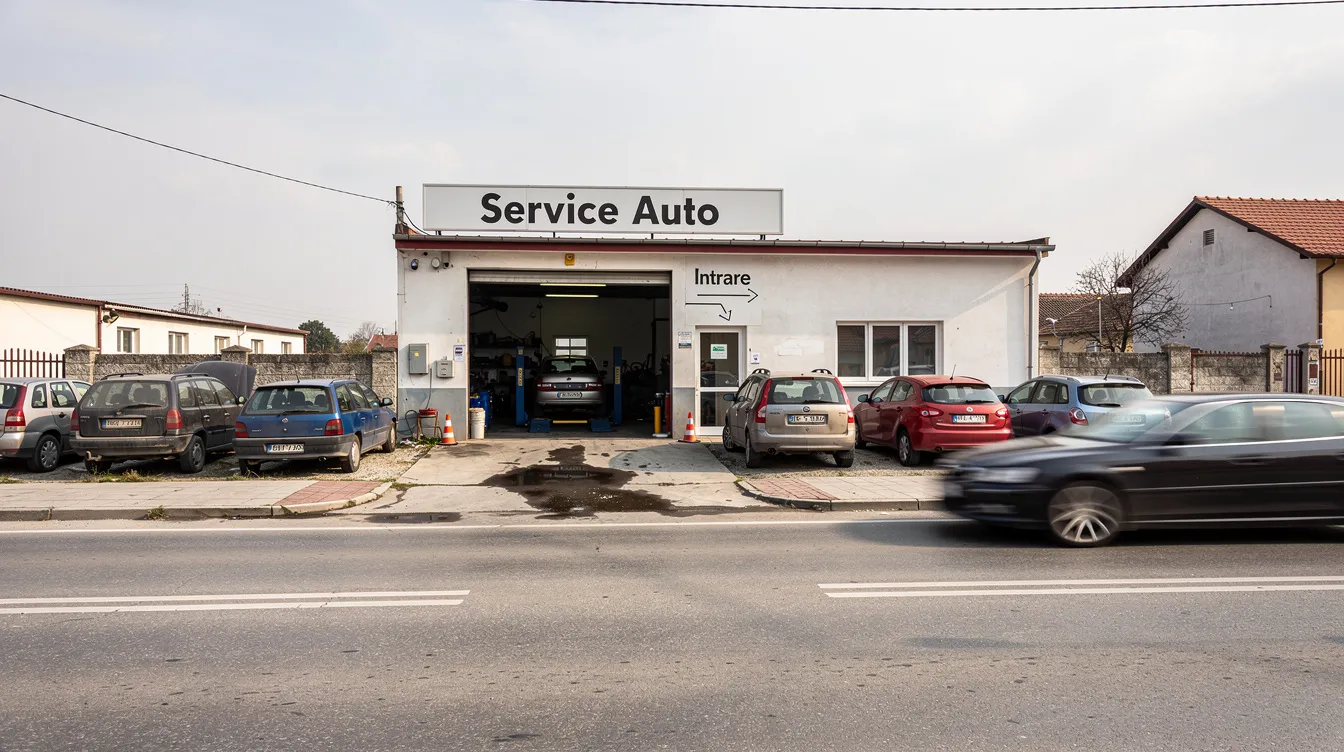 Imaginea prezintă intrarea unui service auto din Săcele, situat lângă un drum principal, cu mai multe mașini parcate în față, sugerând activitatea intensă din atelier. Această locație oferă servicii de calitate pentru diverse tipuri de auto.