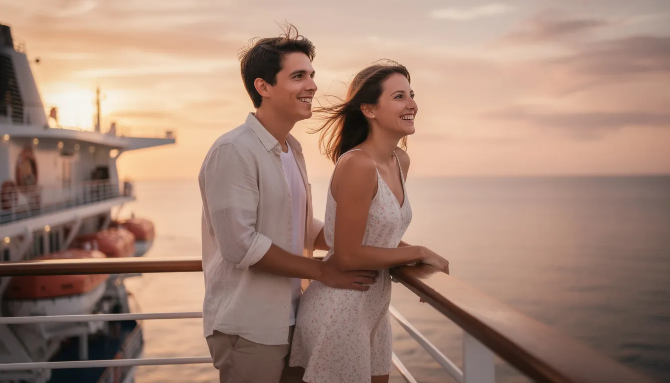 Due giovani, un ragazzo e una ragazza, si godono una crociera insieme, sorridendo mentre ammirano il panorama dal ponte della nave. Questa esperienza rappresenta un'opportunità per imparare una lingua e connettersi con culture diverse durante il loro viaggio.