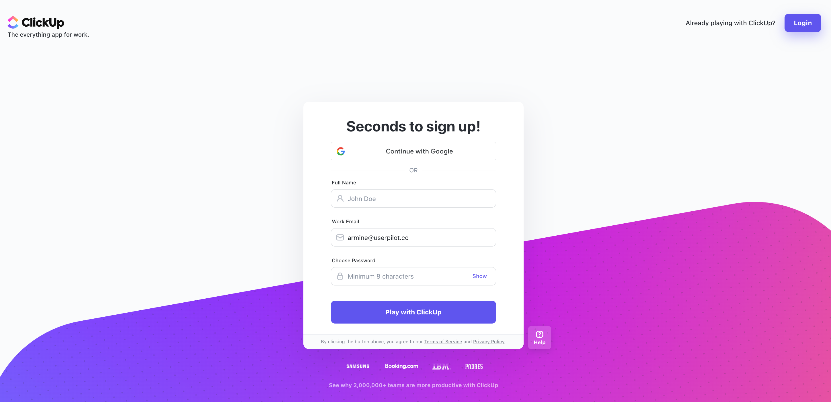 ClickUp signup flow