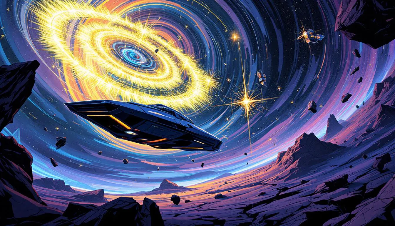 An abstract representation of the 'Great Starlink Betrayal', with cosmic elements and a blurred satellite in the background.