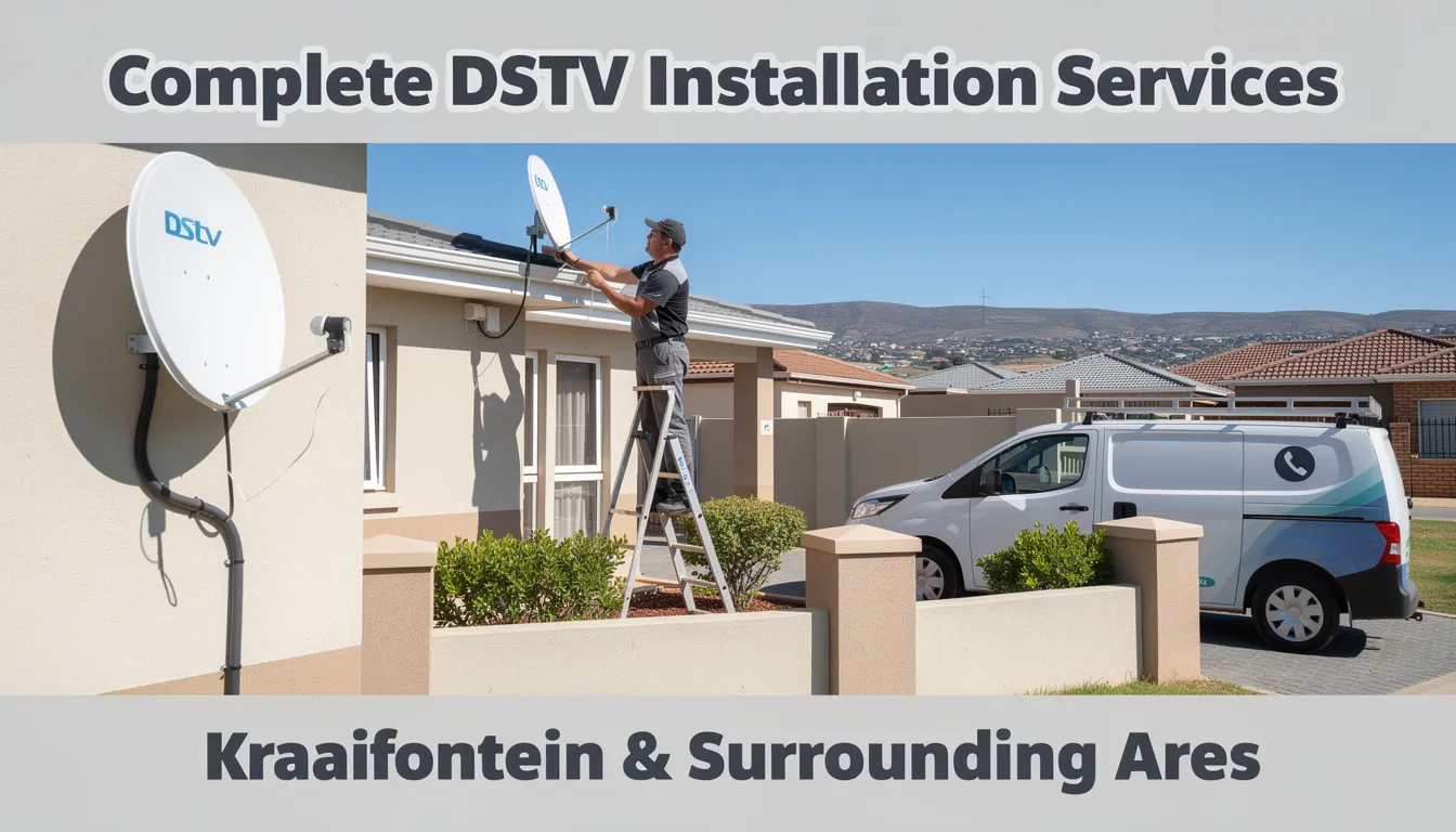 The image showcases a professional DSTV installer in Kraaifontein setting up a satellite dish on a rooftop, ensuring proper dish alignment for optimal signal reception. Various tools and equipment, including a DSTV decoder, are visible, highlighting the comprehensive DSTV installation services offered in the area.