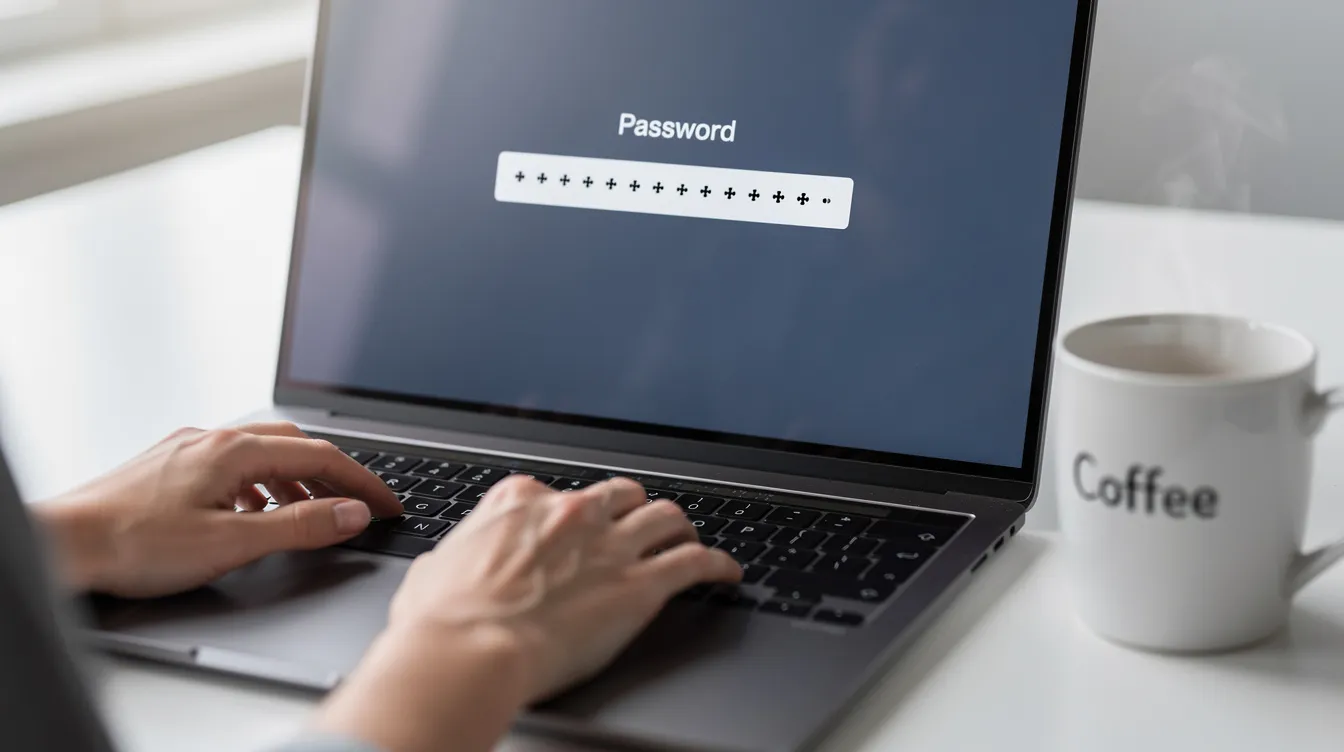 Ein Paar Hände tippt konzentriert ein sicheres Passwort auf einer Laptop-Tastatur, während neben dem Laptop eine Kaffeetasse steht. Diese Szene vermittelt ein Gefühl von Produktivität und Sicherheit, ideal für den Kunden-Login auf einer Webseite.