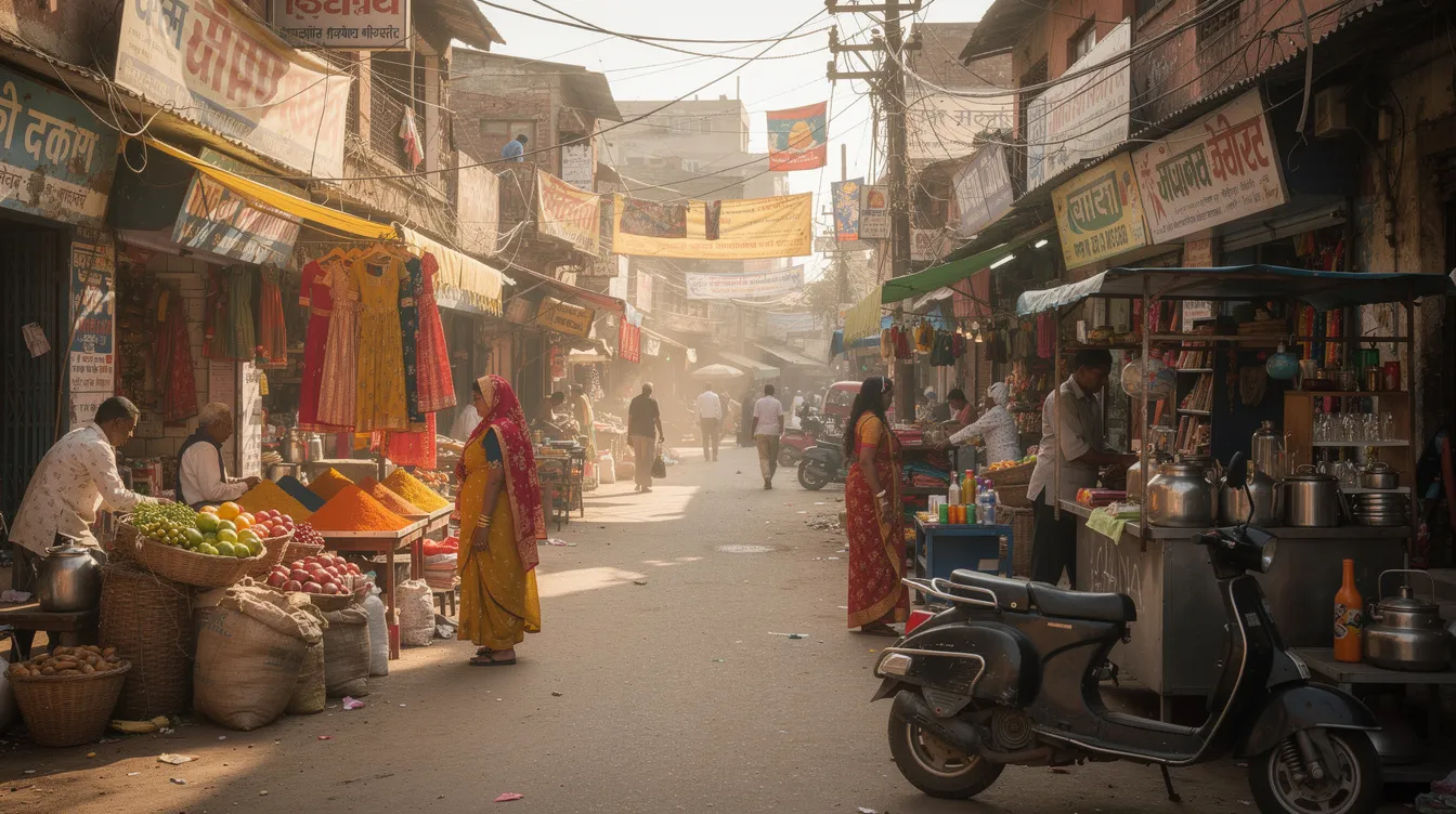 The image depicts a bustling small market street in an Indian town, filled with various shops and vendors showcasing colorful goods. The scene captures the lively atmosphere of local commerce, where shoppers and vendors interact amidst a backdrop of vibrant storefronts.