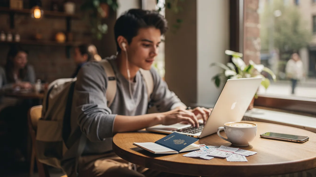A young traveler sits at a café table, focused on their laptop, with a passport and a cup of coffee beside them. This scene captures the spirit of exploration and the journey of students looking to book their next flight with great value offers from British Airways.