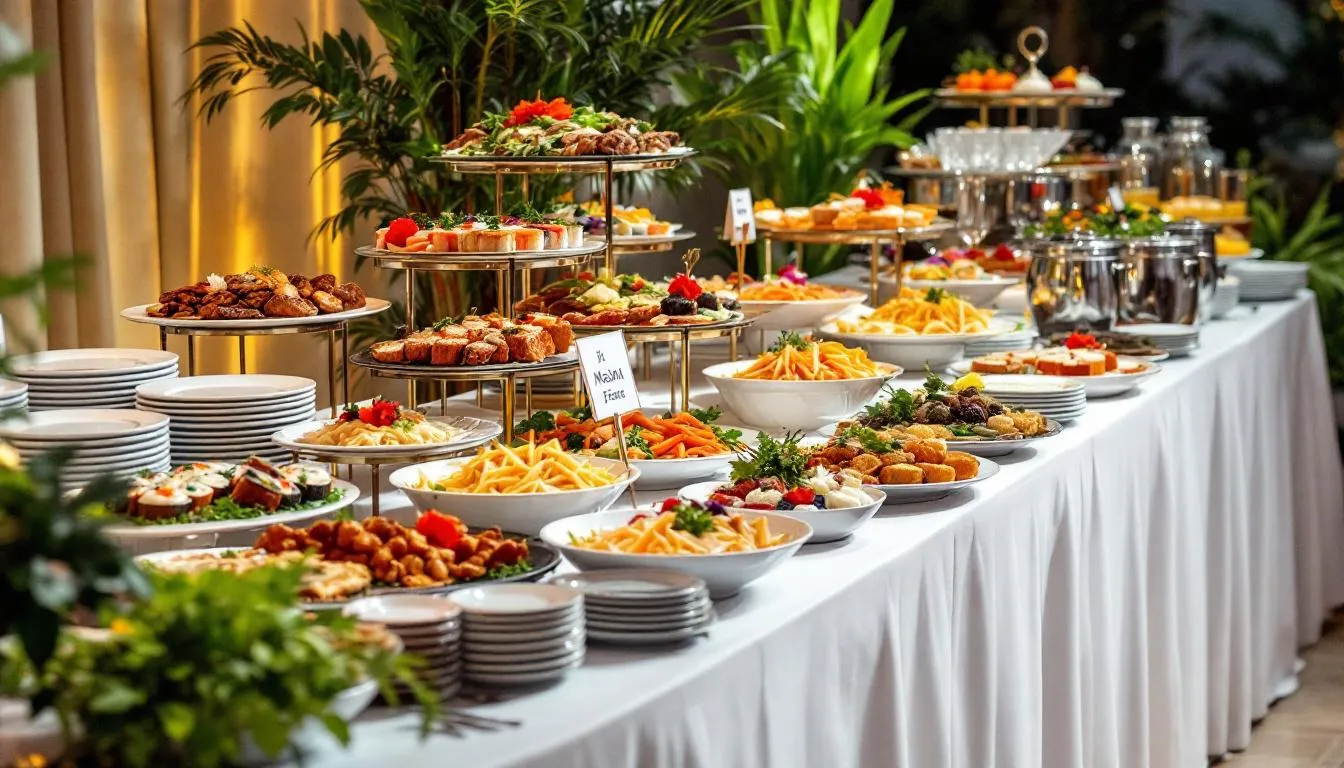 The image depicts a professional catering buffet setup featuring a variety of elegantly displayed cuisine options, perfect for corporate events and weddings. Guests can enjoy a selection of delicious dishes, showcasing exceptional food quality that caters to diverse tastes.
