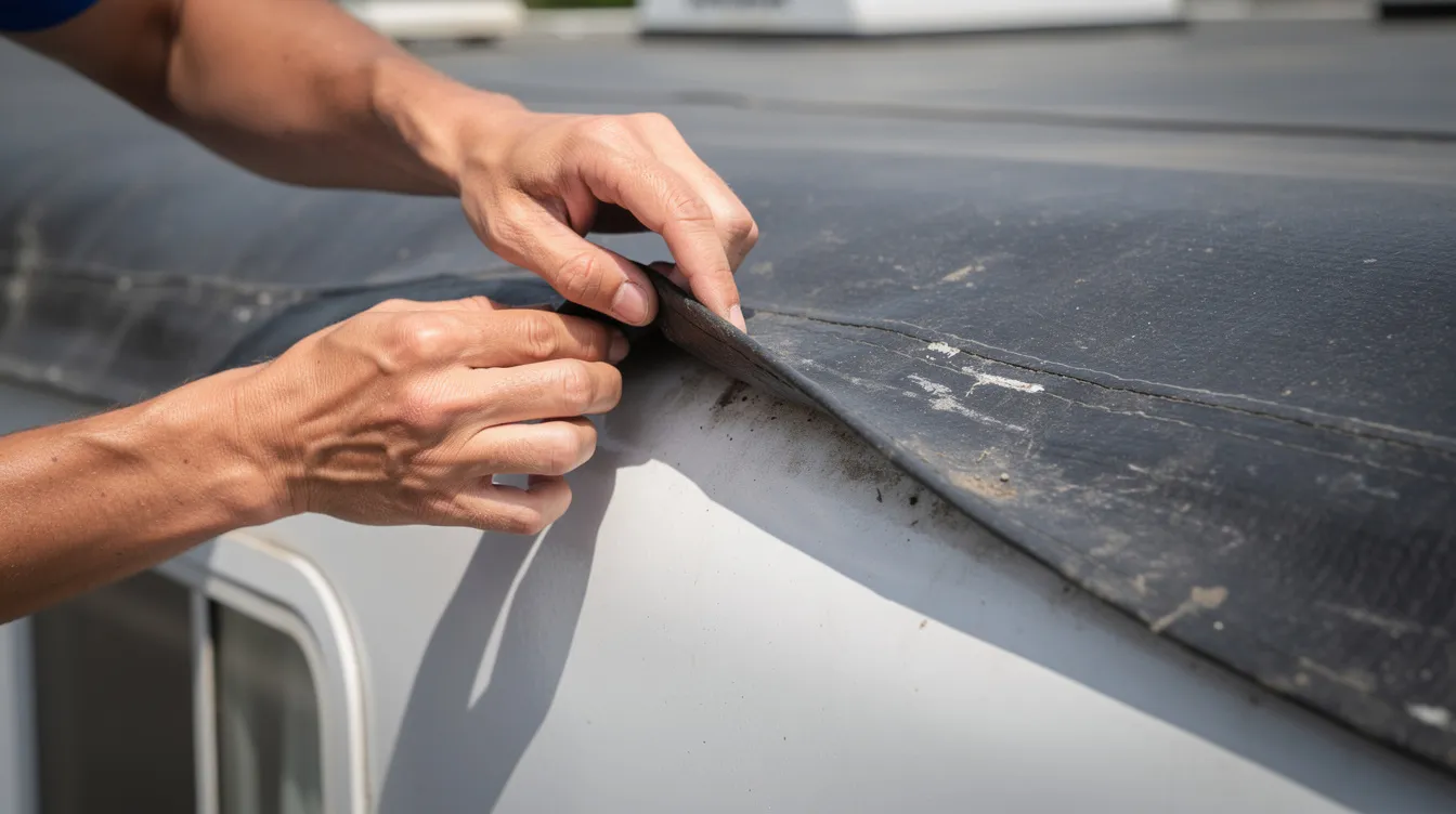 A close-up image shows hands carefully inspecting the rubber roof membrane of a travel trailer, highlighting the importance of routine maintenance and RV inspections to prevent leaks and ensure the longevity of the RV's roof. This meticulous check is essential for mobile RV repair and maintaining the overall safety of the vehicle.
