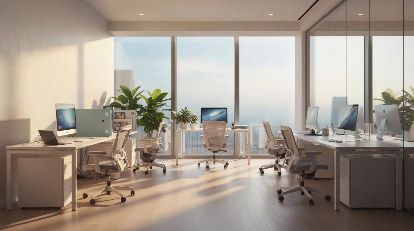 Sunlight streams through large office windows with a subtle tint, illuminating a bright interior workspace that features a modern design. The tinted windows help reduce glare and provide UV protection, creating a comfortable environment for productivity.
