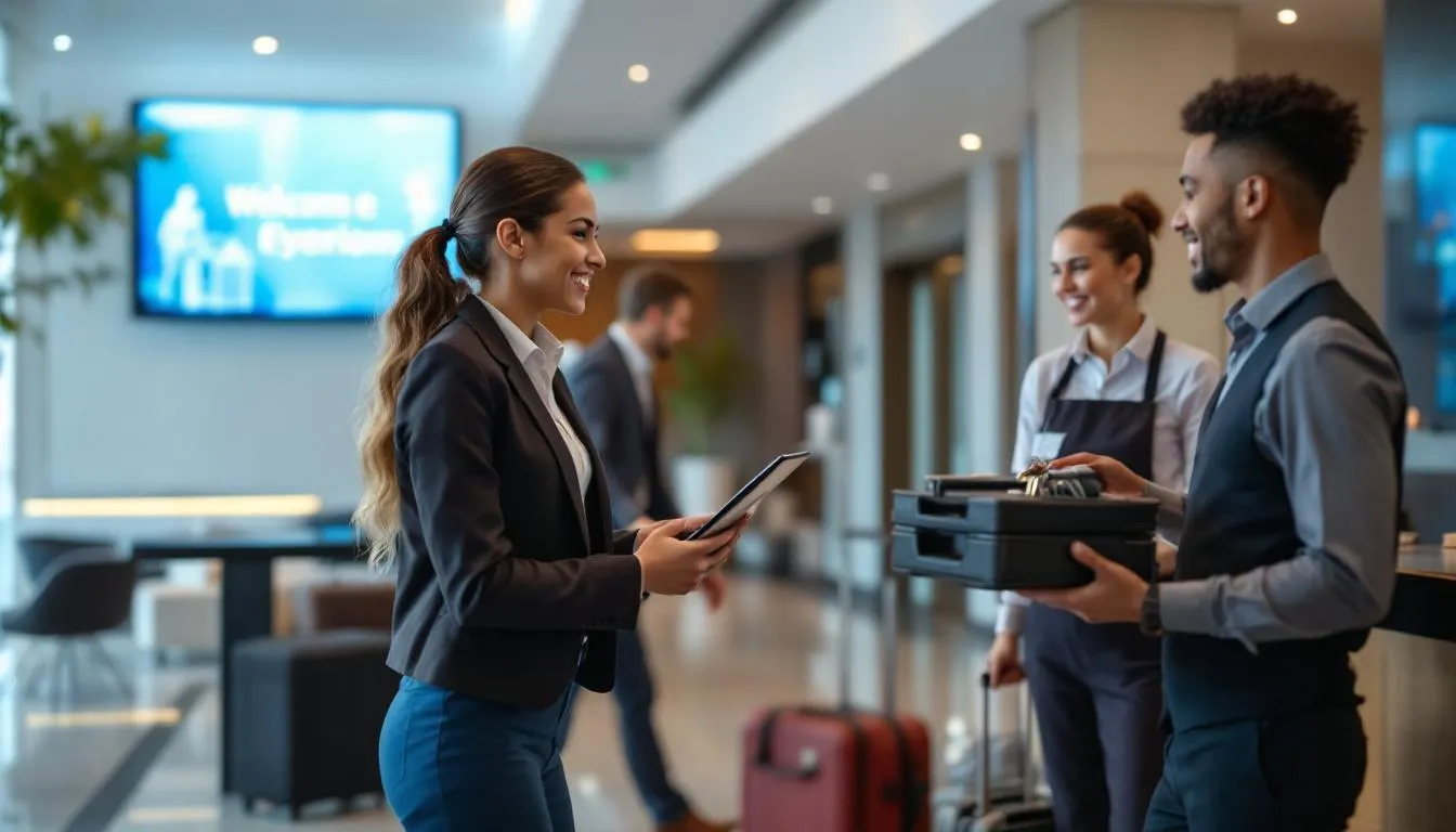 In a bustling hotel lobby, guests interact with attentive staff, showcasing operational efficiency and a focus on guest satisfaction. The scene reflects the hotel's commitment to maximizing revenue and optimizing key performance indicators, contributing to its overall financial performance in the hospitality industry.