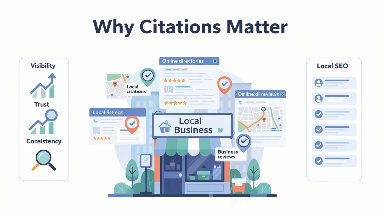 The image illustrates the importance of local citations for businesses, highlighting how accurate and consistent business information, such as name, address, and phone number, can enhance local search rankings and visibility in search engines. It emphasizes the role of local business directories and citation management in building a business's online presence and attracting potential customers.
