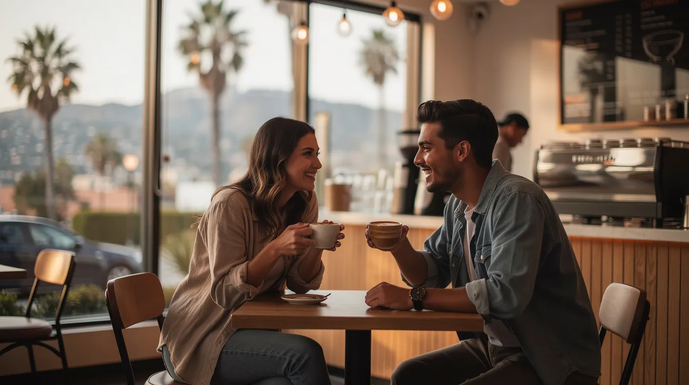 A couple enjoys a cozy date in a coffee shop in Hollywood, Los Angeles, engaging in lively conversation and laughter as they explore their connection. The warm atmosphere reflects the excitement of dating in the city, where many come to find love and build relationships.
