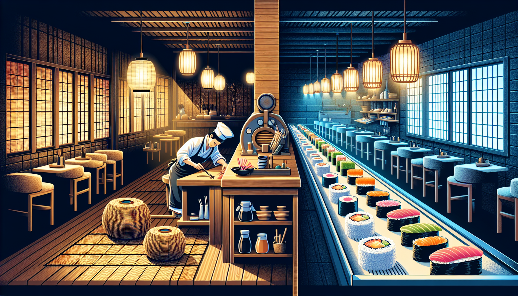 Cozy and vibrant sushi dining atmospheres