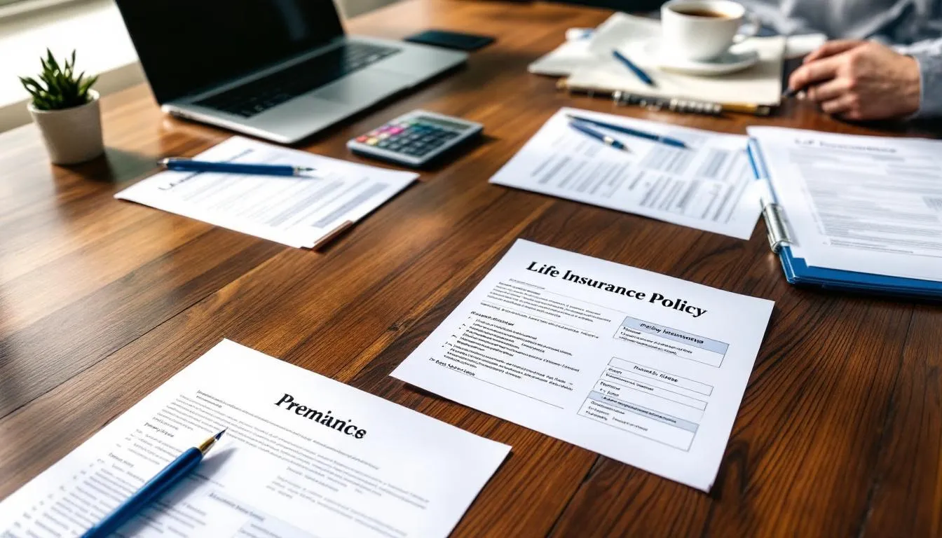 The image shows a collection of life insurance policy documents spread out on a desk, highlighting various aspects such as premiums, benefits, and financial security. These documents are essential for understanding life insurance coverage, retirement income products, and the implications for a surviving spouse.