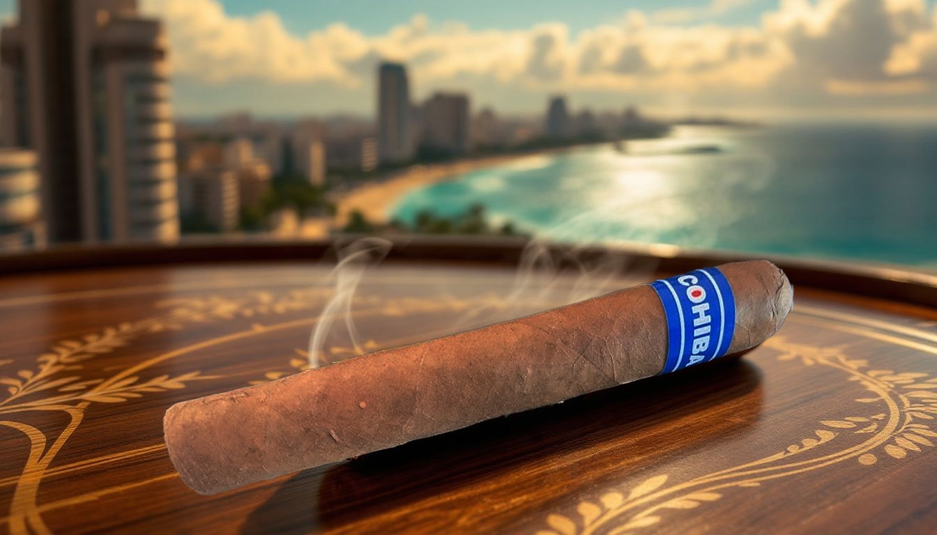 A Cohiba Blue Classico cigar resting on a wooden table, ready for enjoyment.