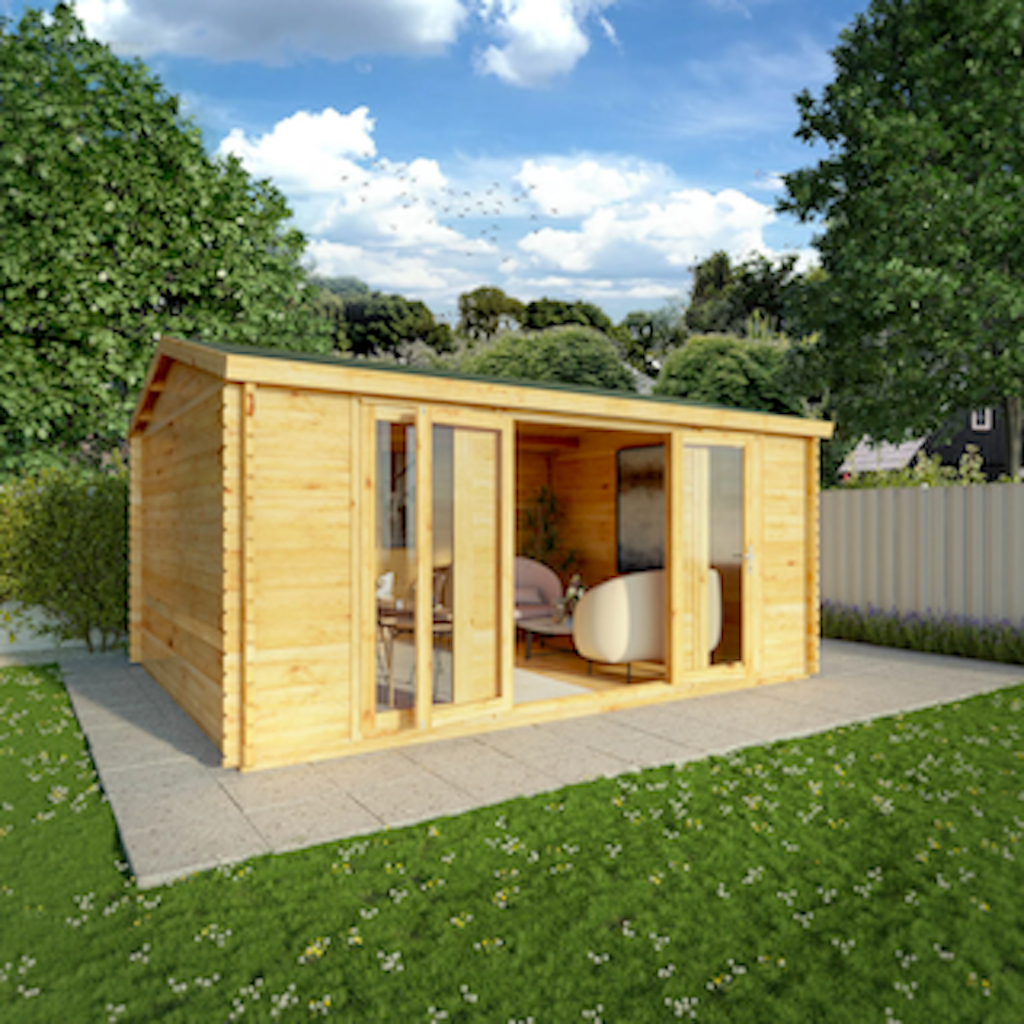 Large wooden log cabin in landscaped garden