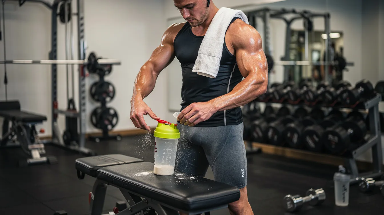 An athlete is seen preparing a shaker bottle filled with creatine supplements beside gym equipment, highlighting the importance of creatine supplementation for enhancing muscle mass and athletic performance. This scene emphasizes the role of dietary supplements in modern sports nutrition, particularly for those engaging in high-intensity exercise.