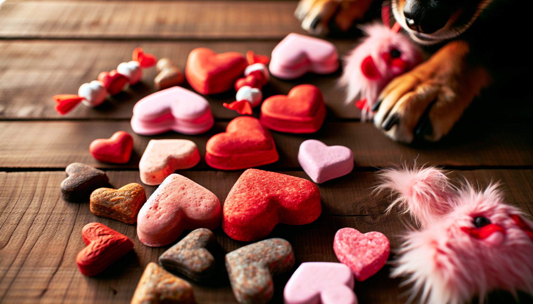 Spoiling your furry friend with heart-shaped treats and toys