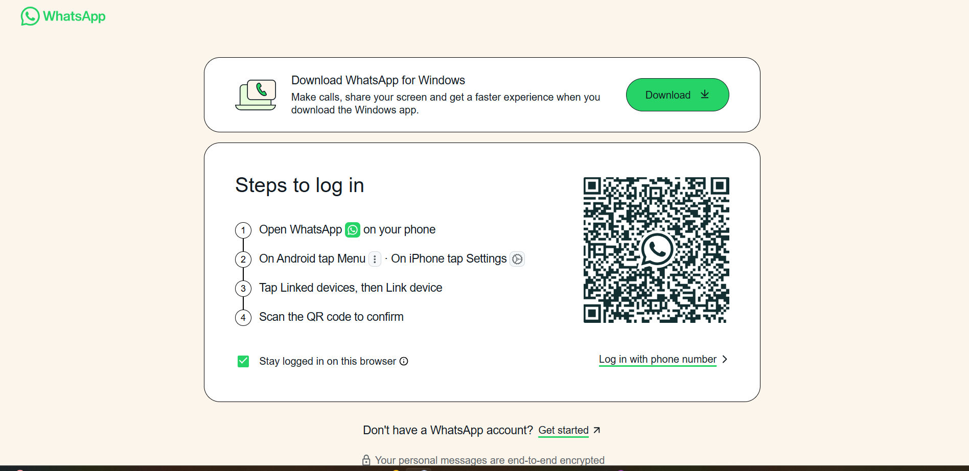  WhatsApp Web login screen.