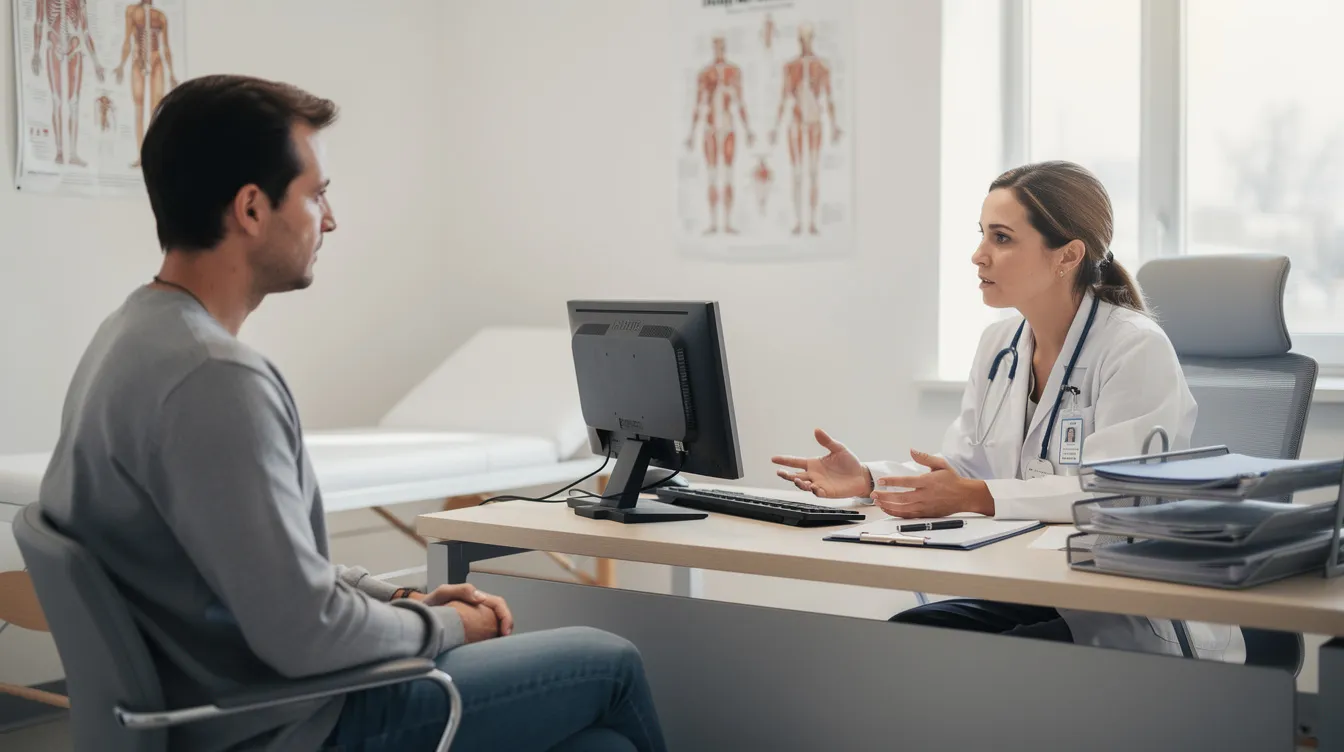The image shows a patient sitting in a consultation room, engaged in a discussion with a medical professional across a desk. The setting suggests a focus on cosmetic procedures, such as lower eyelid surgery, where the patient is likely seeking information about treatment options.