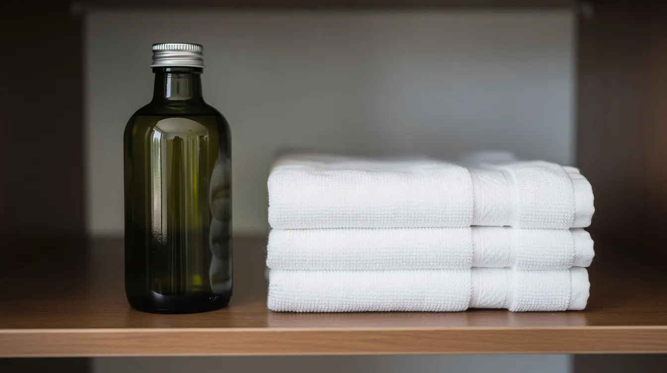 The image depicts a dark glass bottle of macadamia natural oil, intended for moisturizing dry hair and scalp, stored neatly in a cool cupboard next to clean towels. This oil, known for its benefits in treating split ends and promoting shiny, silky hair, is a valuable addition to any hair care routine.