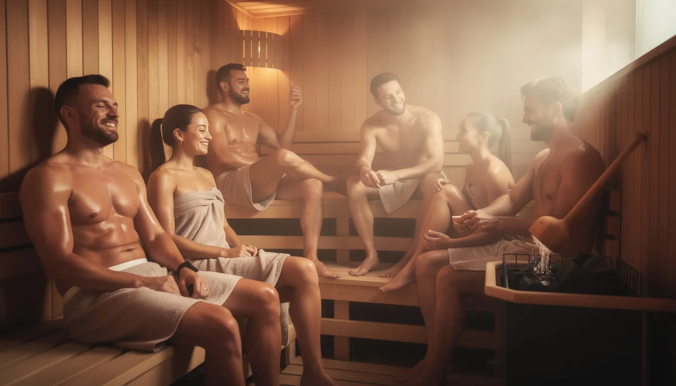 The image depicts athletes relaxing in a wooden sauna after an intense training session, enjoying the recovery benefits of sauna therapy to enhance their overall athletic performance. This post-exercise sauna bathing helps improve cardiovascular health and reduce muscle soreness, promoting muscle relaxation and adequate recovery.