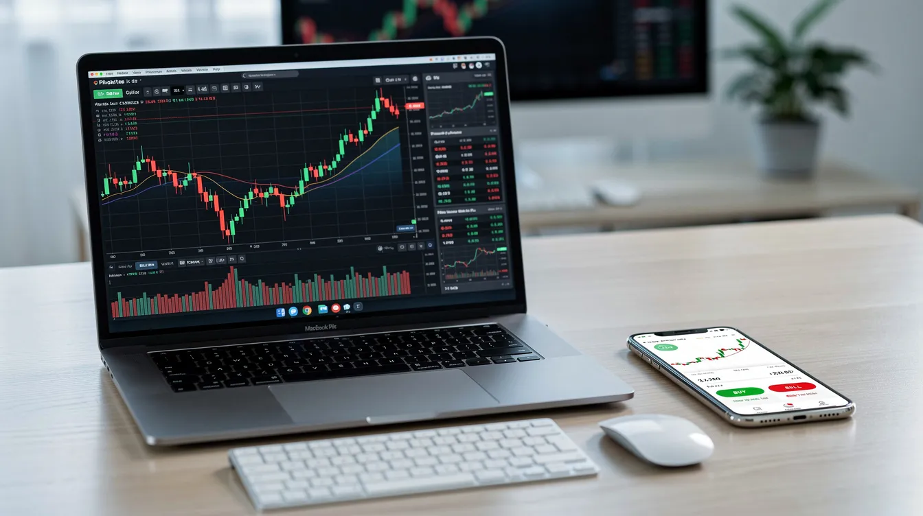 The image depicts a modern trading setup featuring a laptop displaying intricate candlestick charts and a mobile phone showcasing a trading app, illustrating the dynamic nature of market conditions and trading strategies. This setup reflects the importance of technical analysis, market sentiment, and risk management in navigating the stock market and crypto trading.
