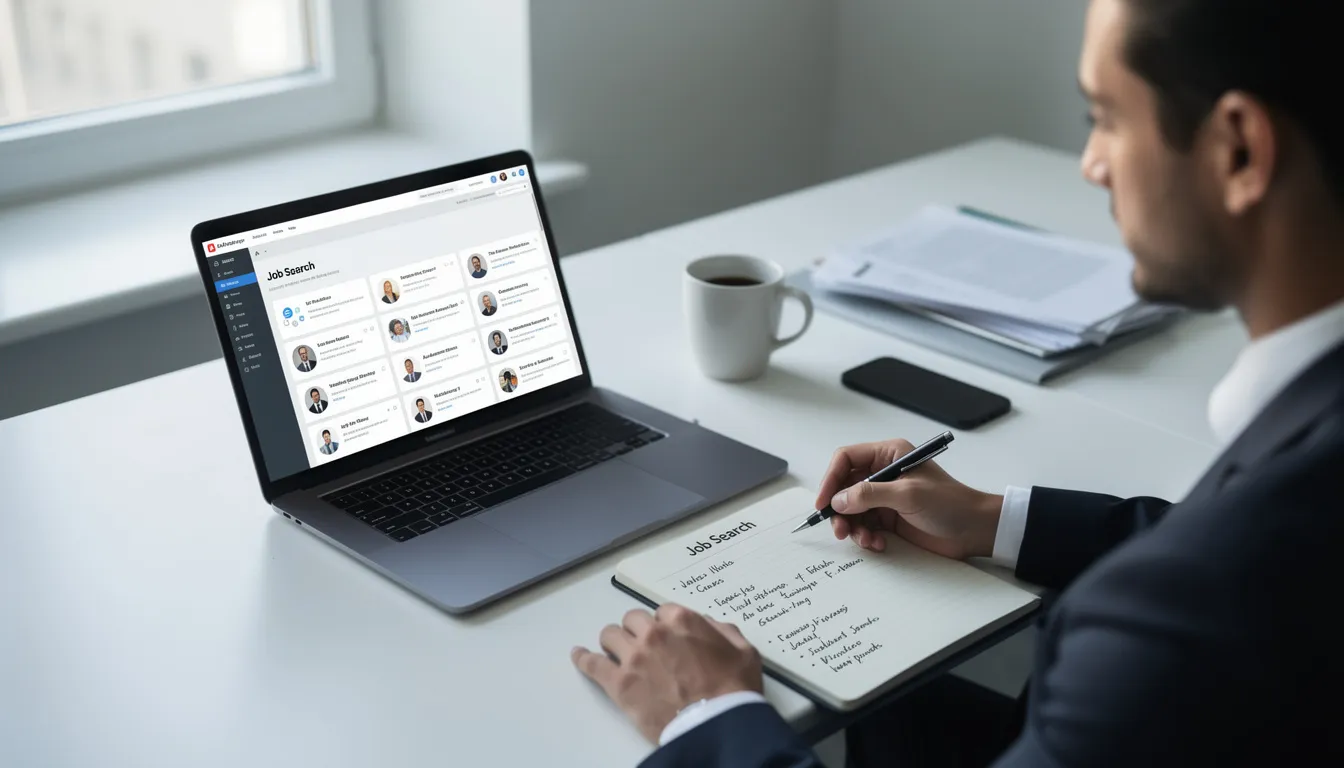 A professional is sitting at a desk, reviewing job listings on a laptop while taking notes in a notepad, focusing on opportunities in the digital marketing field. This scene highlights the importance of digital marketing skills and certifications for enhancing job prospects in a competitive job market.