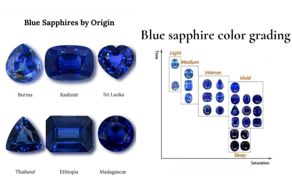 Safyro spalva pagal kilmę ir atspalvį