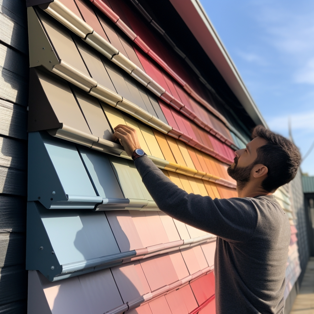 A person choosing a paint color for a gutter
