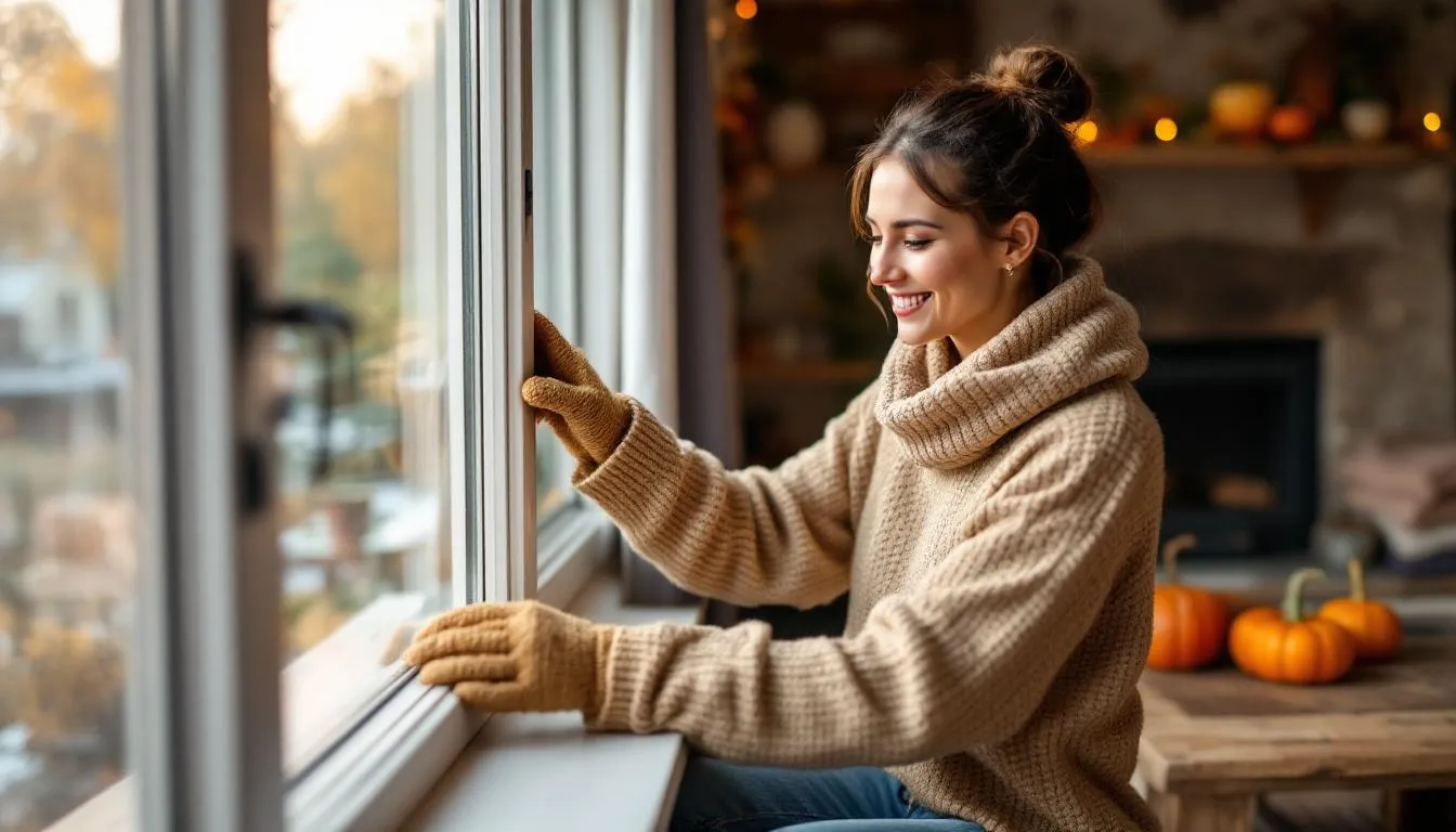 A person sealing windows and doors to weatherproof their home for winter.