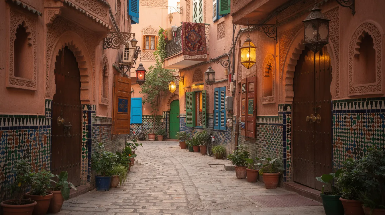 The image depicts a narrow alleyway in a Moroccan medina, adorned with colorful tiles, arched doorways, and hanging lanterns, creating a vibrant atmosphere for tourists exploring the local communities. This enchanting scene is a highlight of any trip to Morocco, inviting travelers to embark on an amazing adventure through its rich culture and history.