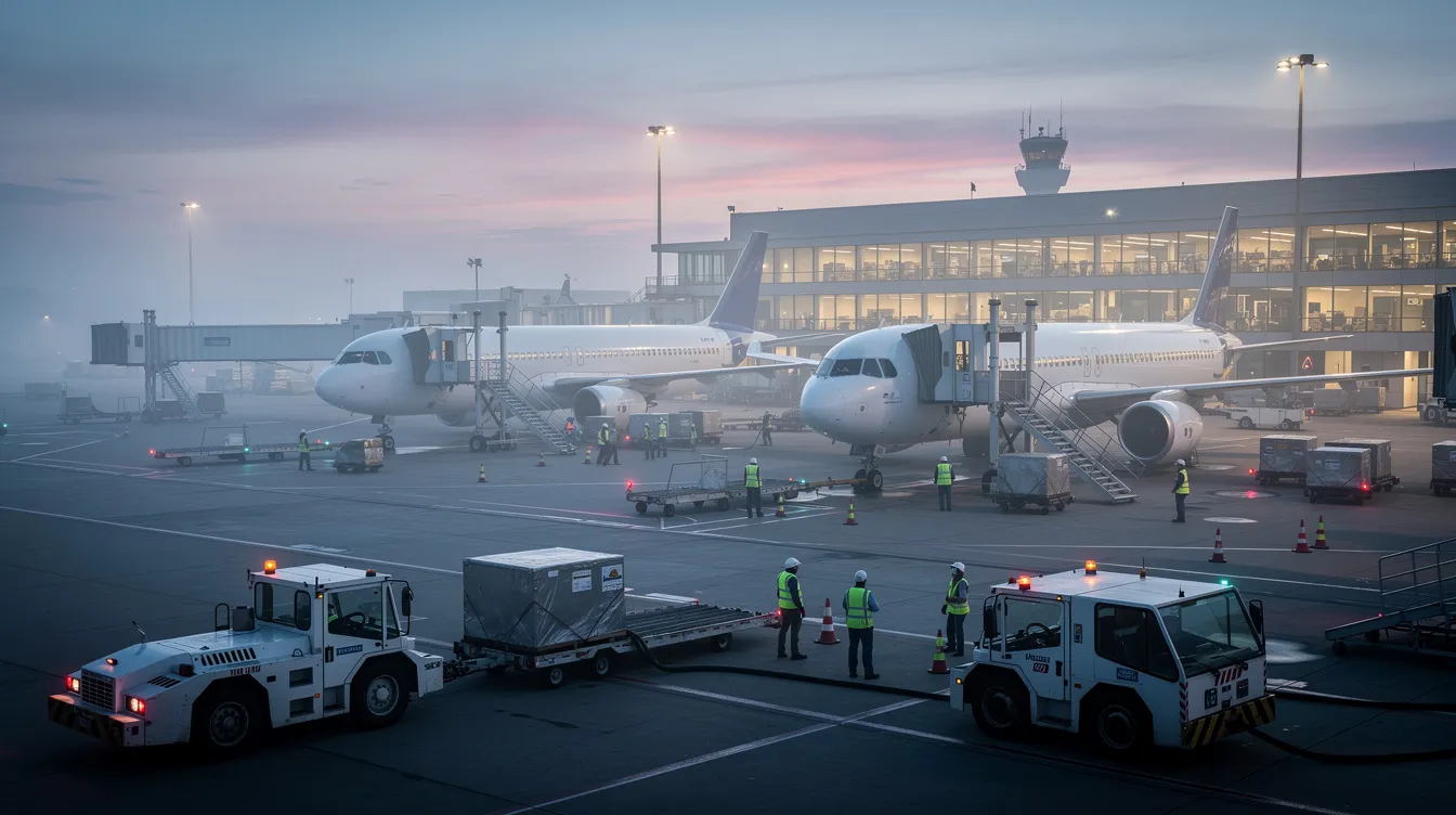 At dawn, airport ramp teams are busy servicing aircraft, ensuring efficient ground operations with a focus on resource allocation and crew scheduling. This scene highlights the crucial role of workforce management in the aviation industry, as ground staff prepare for the day's flight schedules and passenger services.