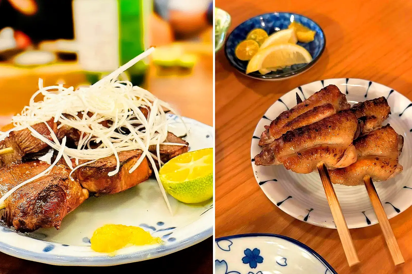 Zenryoku Izakaya Singapore grilled Japanese dishes including seared beef and grilled chicken wings with citrus garnish