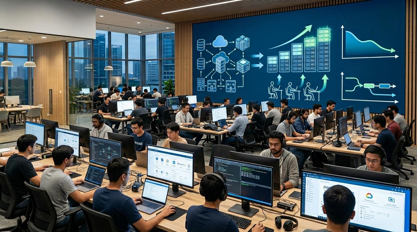 Modern cloud training environment with students and professionals accessing virtual desktops and labs while cloud resources scale efficiently, symbolizing long-term cost savings and operational simplicity.