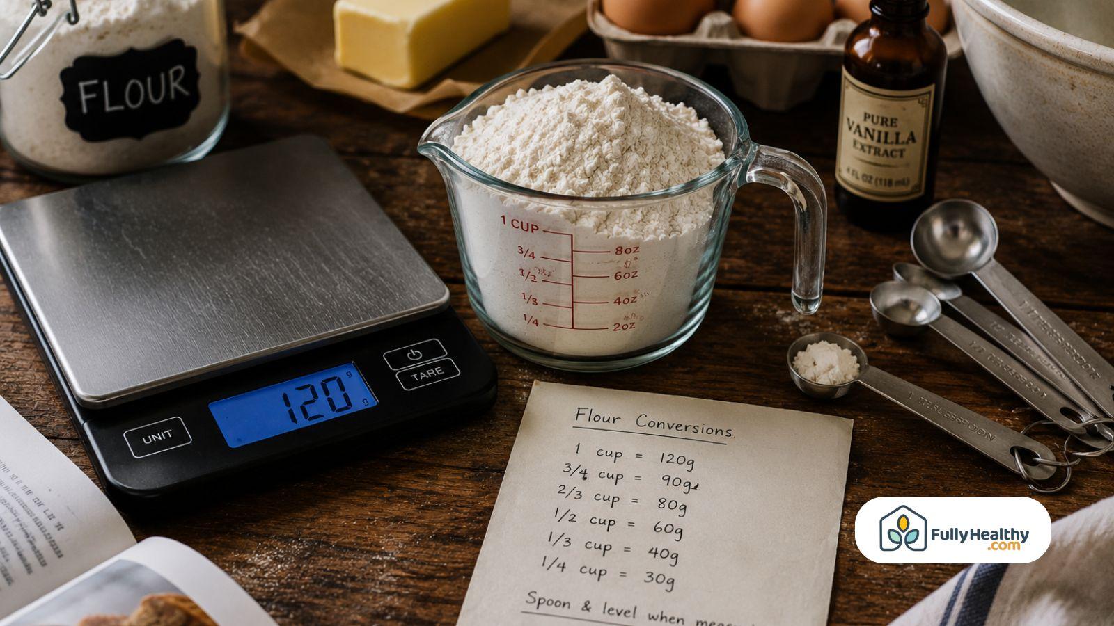 One cup flour conversion chart beside kitchen scale setup